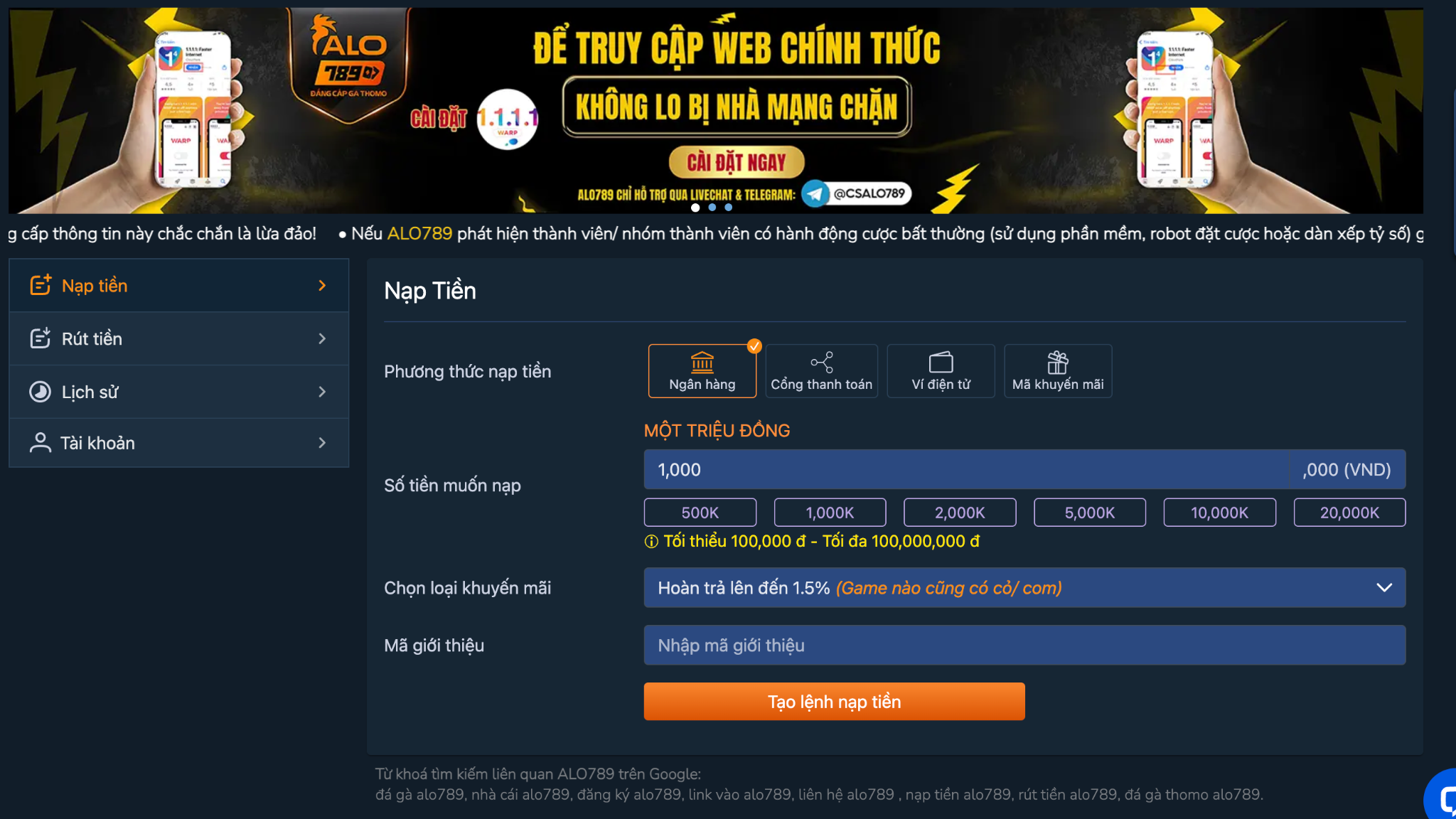 Hướng dẫn nạp tiền ALO789 dành cho TÂN BINH chỉ 5 bước 2 Hướng dẫn nạp tiền ALO789