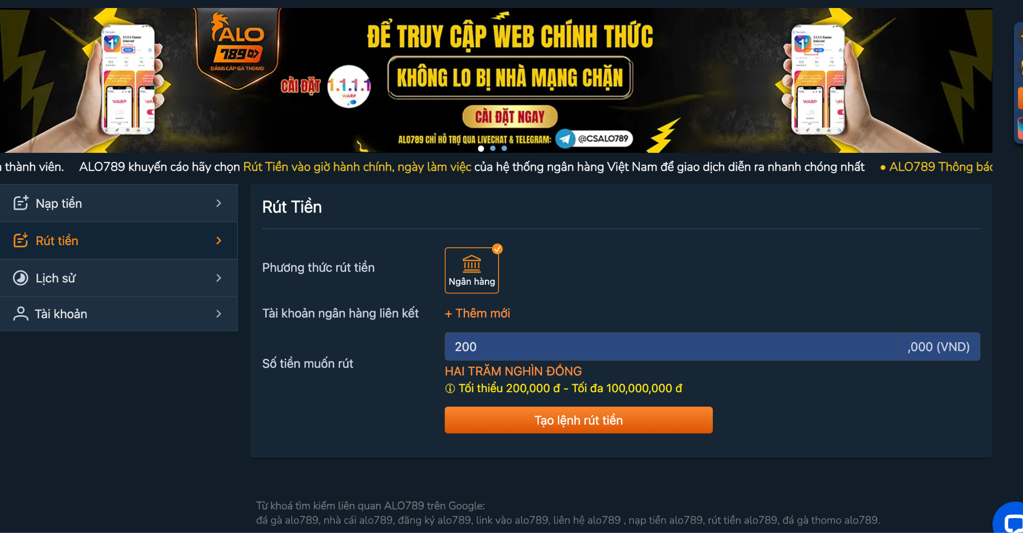 Hướng dẫn cách rút tiền ALO789